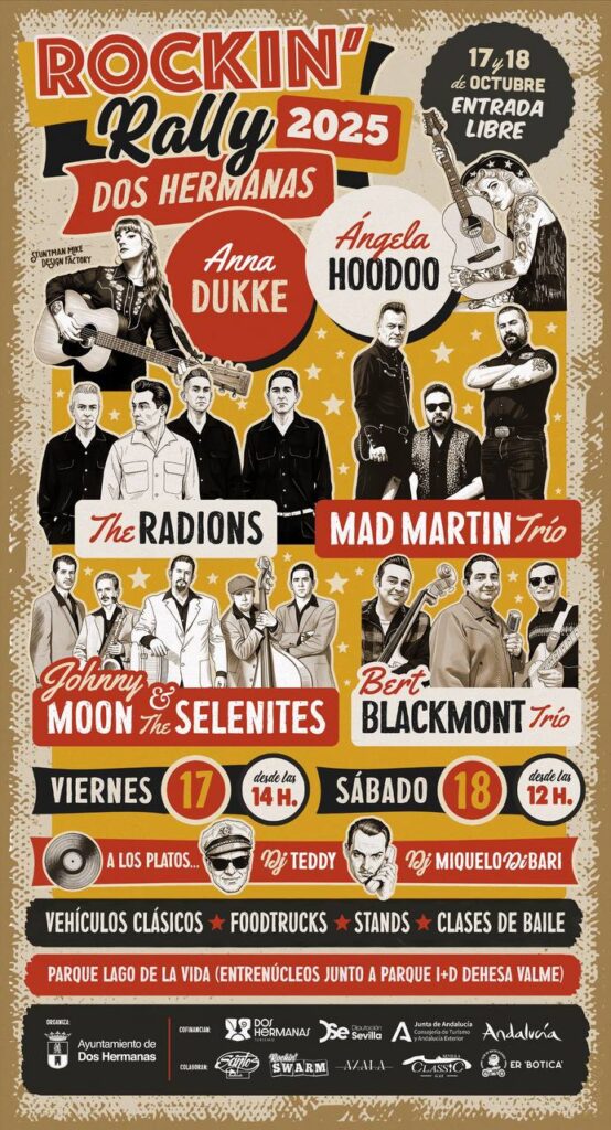 Cartel de actuaciones Rockin Rally Dos Hermanas 2025 Rockin Rally Dos Hermanas: coches clásicos, música y la salida del Spain Classic Raid